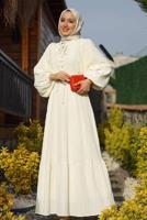 Tesettür giyim KREM BALON KOL BÜRÜMCÜK ELBİSE T 0802