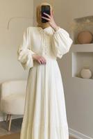 Tesettür giyim KREM BALON KOL BÜRÜMCÜK ELBİSE T 0802