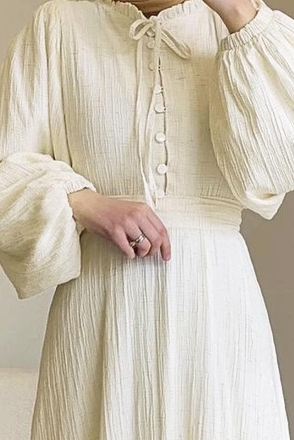 Tesettür giyim KREM BALON KOL BÜRÜMCÜK ELBİSE T 0802