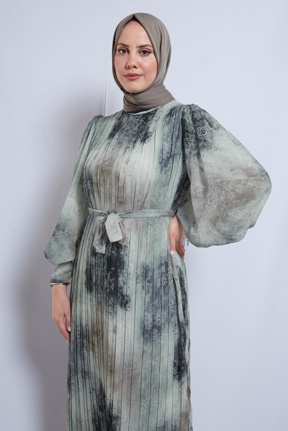 Vêtements hijab VERT ROBE EN MOUSSELINE CEINTURE T 0985