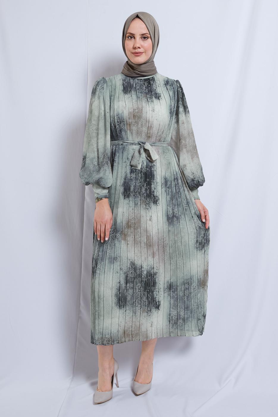 Vêtements hijab VERT ROBE EN MOUSSELINE CEINTURE T 0985