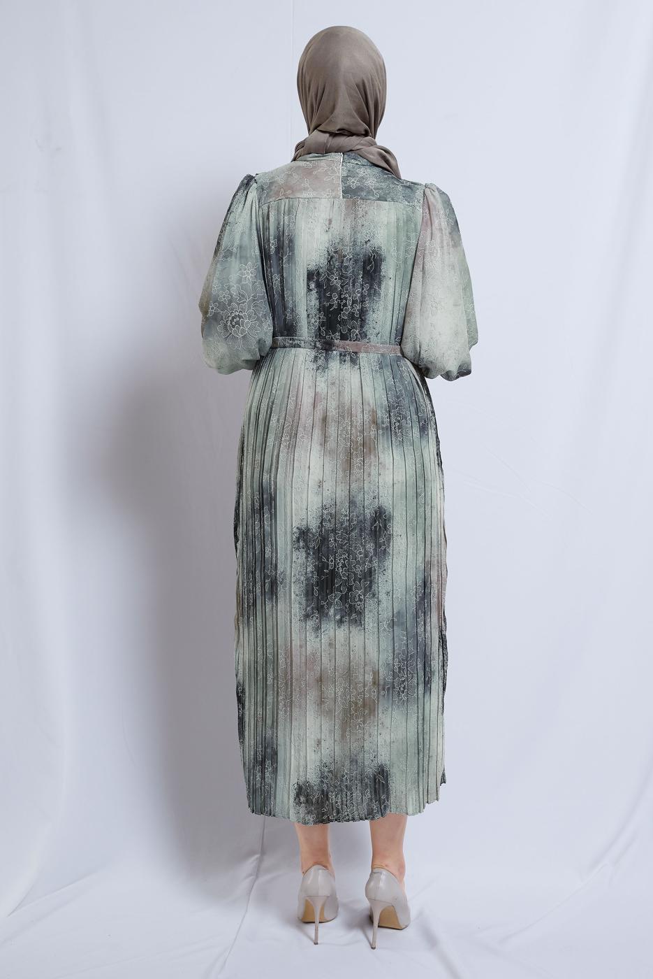 Vêtements hijab VERT ROBE EN MOUSSELINE CEINTURE T 0985