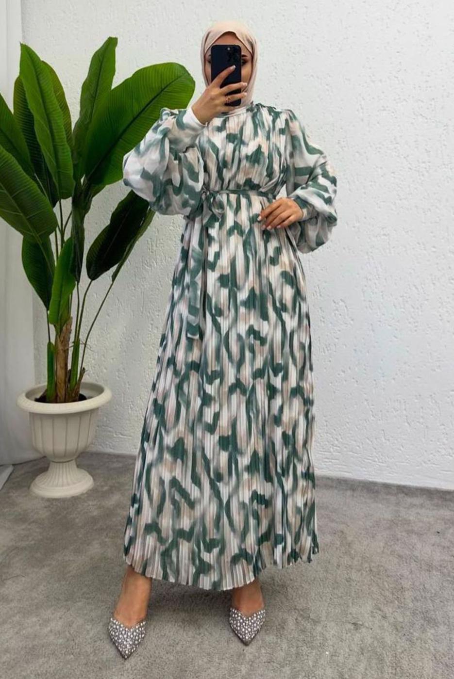 Vêtements hijab VERT ROBE EN MOUSSELINE CEINTURE T 0985-1