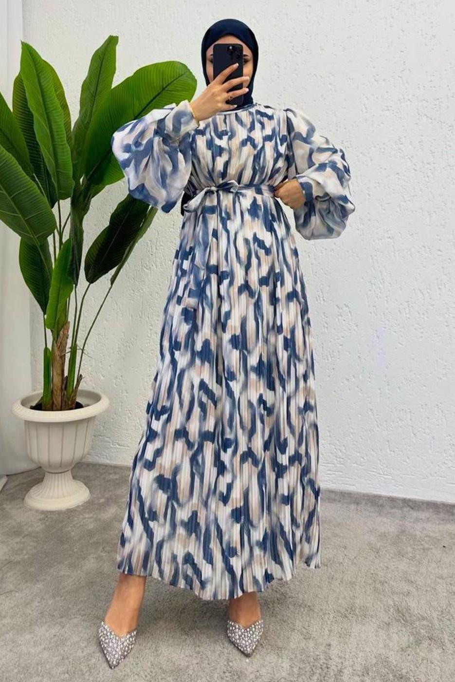 Vêtements hijab BLEU MARINE ROBE EN MOUSSELINE CEINTURE T 0985-1