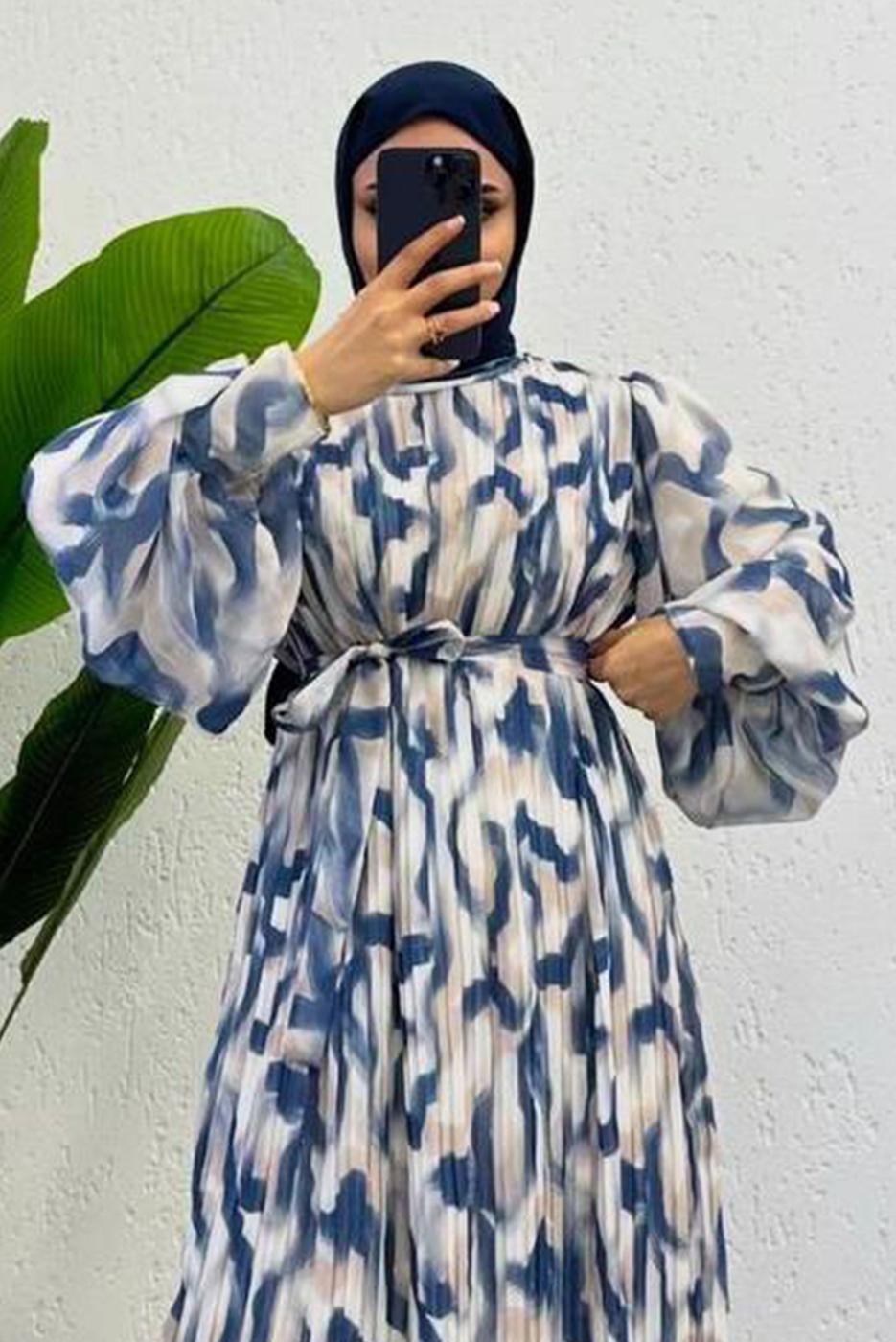 Vêtements hijab BLEU MARINE ROBE EN MOUSSELINE CEINTURE T 0985-1