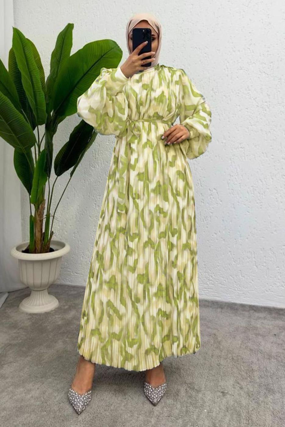 Vêtements hijab VERT ROBE EN MOUSSELINE CEINTURE T 0985-1