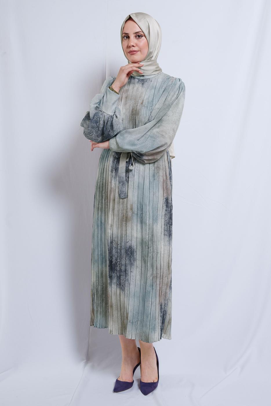 Vêtements hijab BLEU ROBE EN MOUSSELINE CEINTURE T 0985