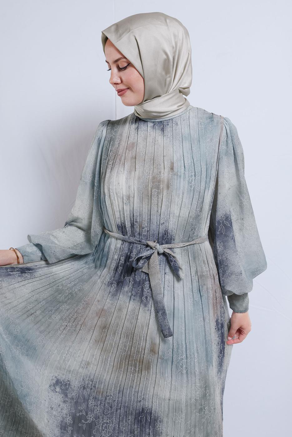 Vêtements hijab BLEU ROBE EN MOUSSELINE CEINTURE T 0985