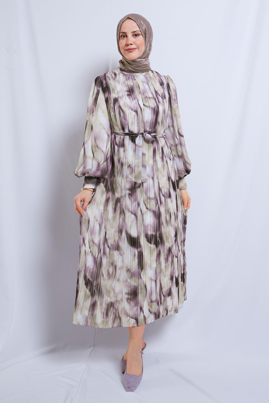 Tesettür giyim KREM DESENLİ KUŞAKLI ŞİFON ELBİSE T 0985-2
