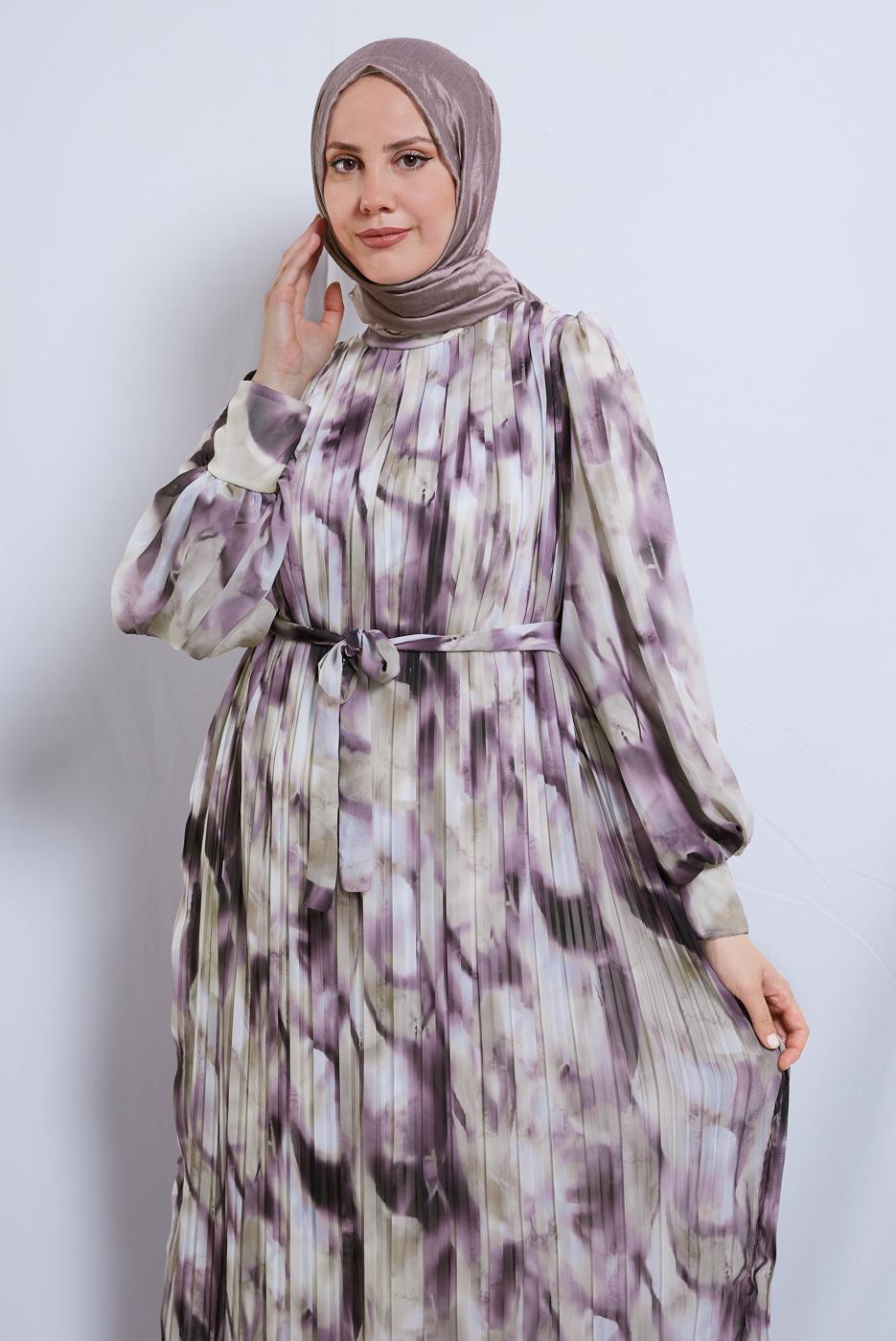 Tesettür giyim KREM DESENLİ KUŞAKLI ŞİFON ELBİSE T 0985-2