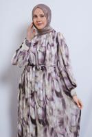 Tesettür giyim KREM DESENLİ KUŞAKLI ŞİFON ELBİSE T 0985-2