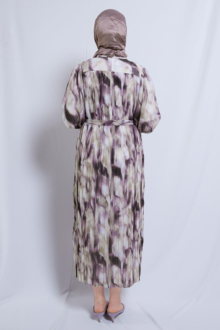 Tesettür giyim KREM DESENLİ KUŞAKLI ŞİFON ELBİSE T 0985-2