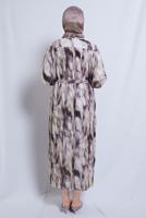 Tesettür giyim KREM DESENLİ KUŞAKLI ŞİFON ELBİSE T 0985-2