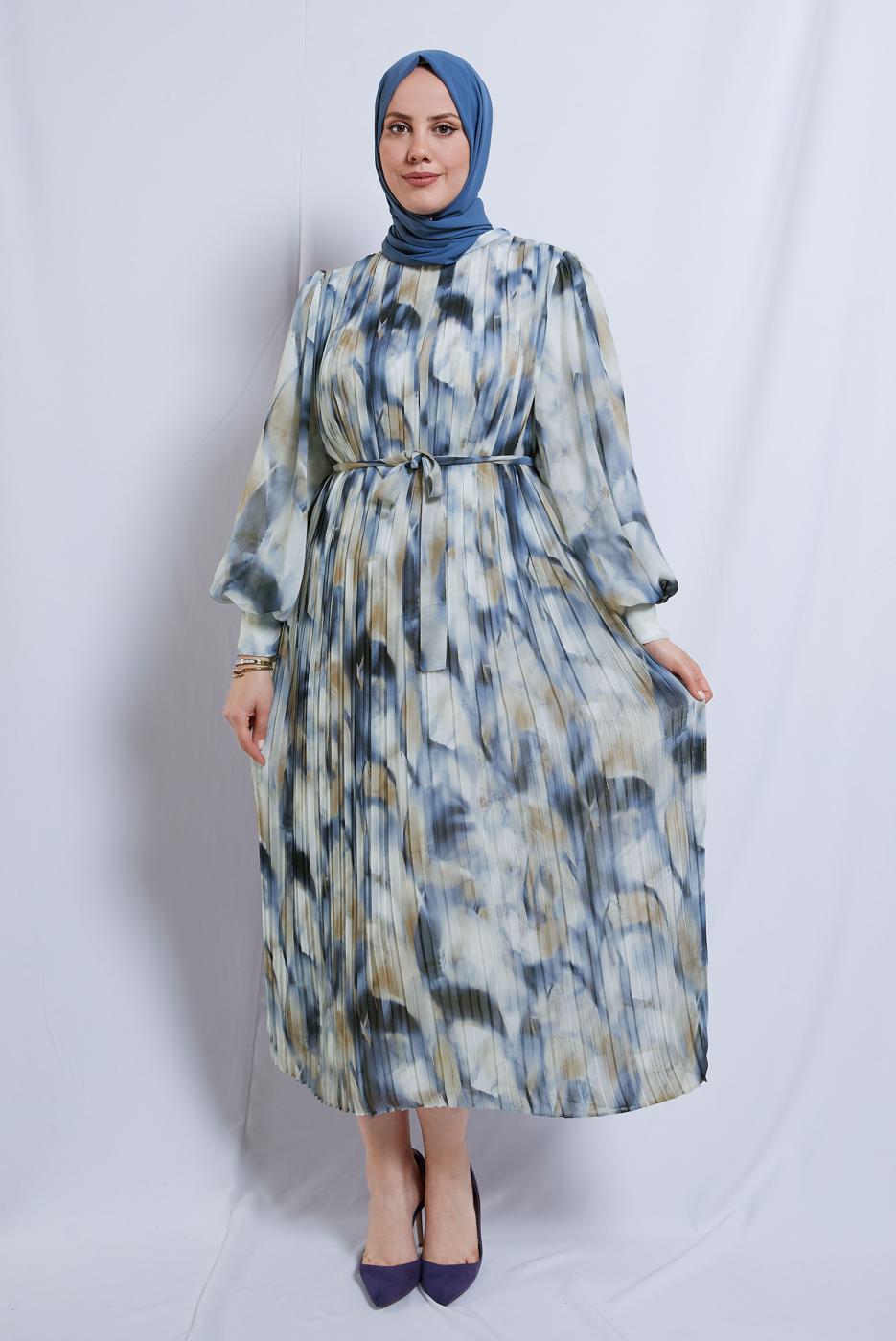 Tesettür giyim KREM DESENLİ KUŞAKLI ŞİFON ELBİSE T 0985-2