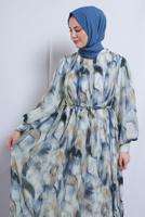 Tesettür giyim KREM DESENLİ KUŞAKLI ŞİFON ELBİSE T 0985-2