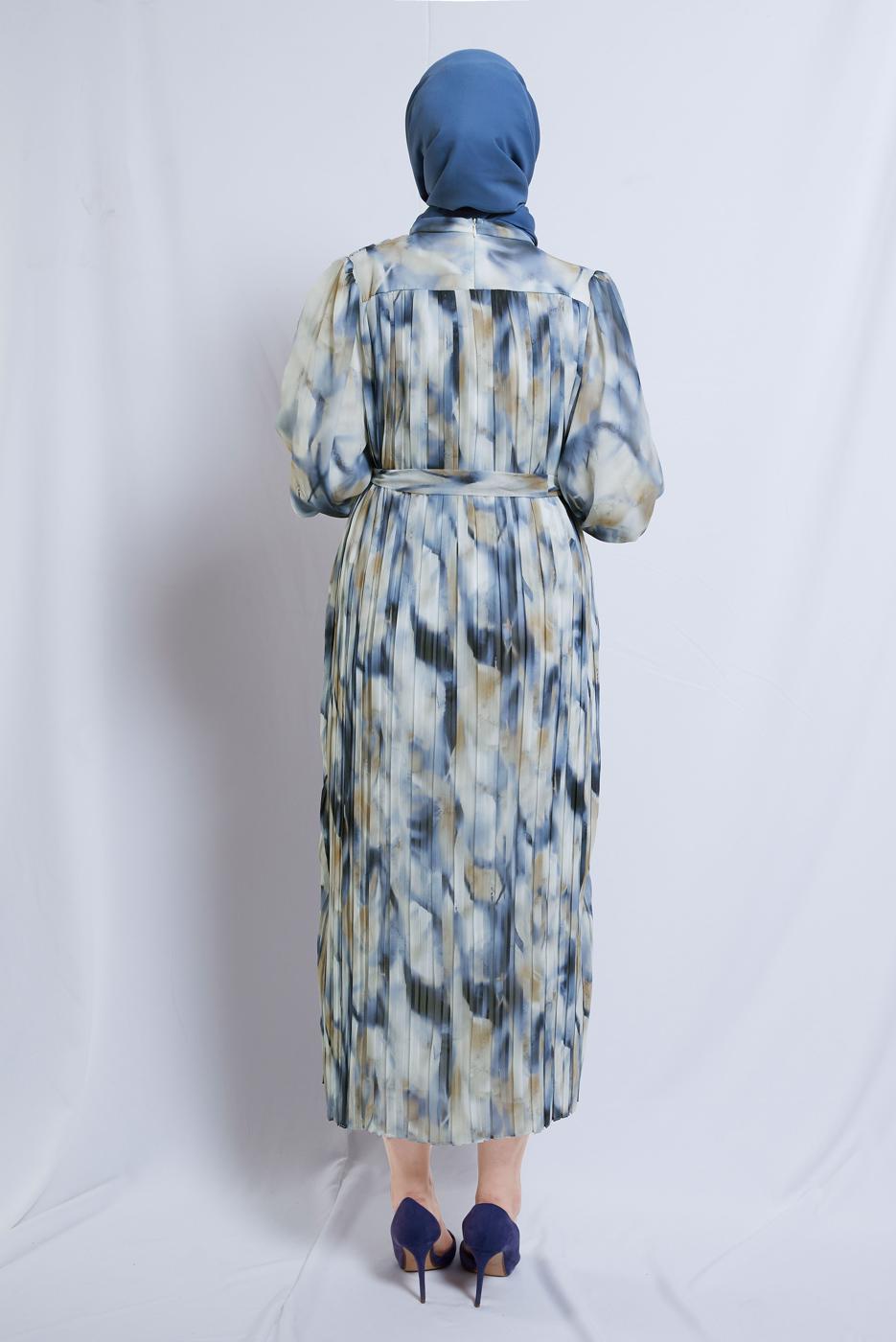 Tesettür giyim KREM DESENLİ KUŞAKLI ŞİFON ELBİSE T 0985-2