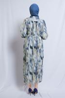 Tesettür giyim KREM DESENLİ KUŞAKLI ŞİFON ELBİSE T 0985-2