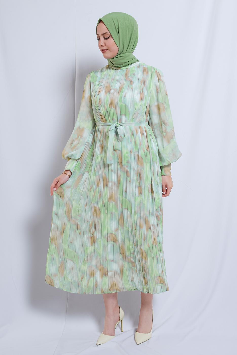 Tesettür giyim KREM DESENLİ KUŞAKLI ŞİFON ELBİSE T 0985-2