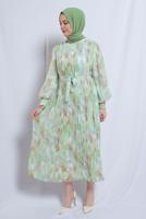 Tesettür giyim KREM DESENLİ KUŞAKLI ŞİFON ELBİSE T 0985-2