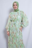 Tesettür giyim KREM DESENLİ KUŞAKLI ŞİFON ELBİSE T 0985-2