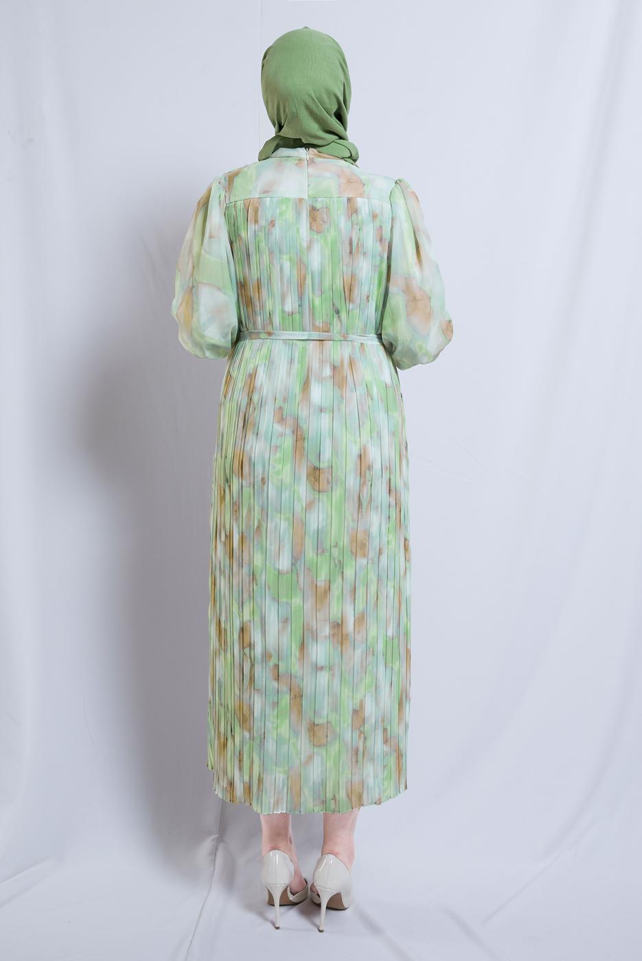 Tesettür giyim KREM DESENLİ KUŞAKLI ŞİFON ELBİSE T 0985-2