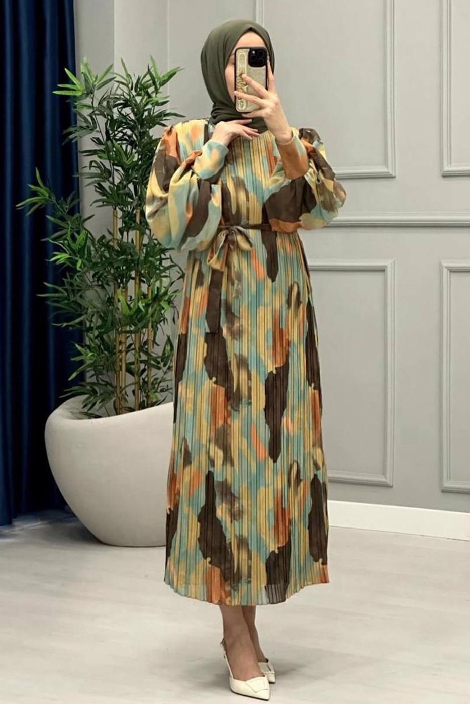 Vêtements hijab VERT ROBE EN MOUSSELINE CEINTURE T 0985-3
