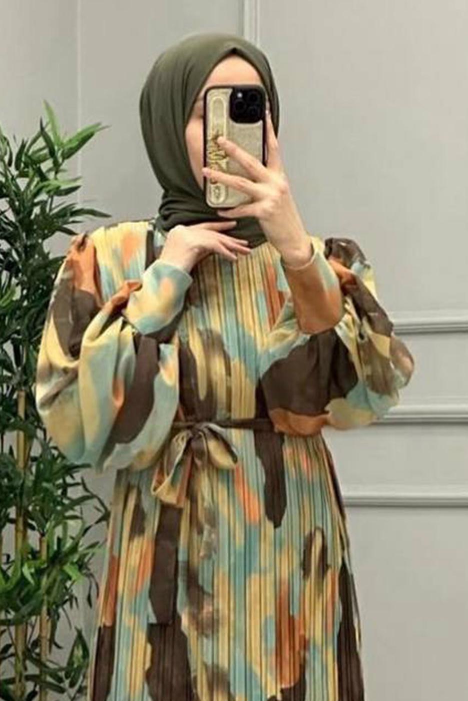 Vêtements hijab VERT ROBE EN MOUSSELINE CEINTURE T 0985-3