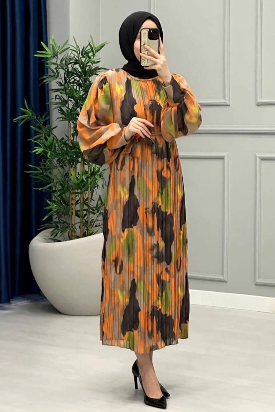 Vêtements hijab ORANGE ROBE EN MOUSSELINE CEINTURE T 0985-3