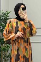 Vêtements hijab ORANGE ROBE EN MOUSSELINE CEINTURE T 0985-3