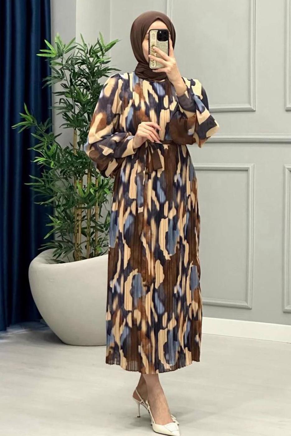 Tesettür giyim LACİVERT KUŞAKLI DESENLİ ŞİFON ELBİSE T 0985-3