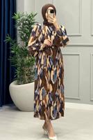 Tesettür giyim LACİVERT KUŞAKLI DESENLİ ŞİFON ELBİSE T 0985-3