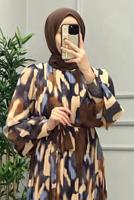 Tesettür giyim LACİVERT KUŞAKLI DESENLİ ŞİFON ELBİSE T 0985-3