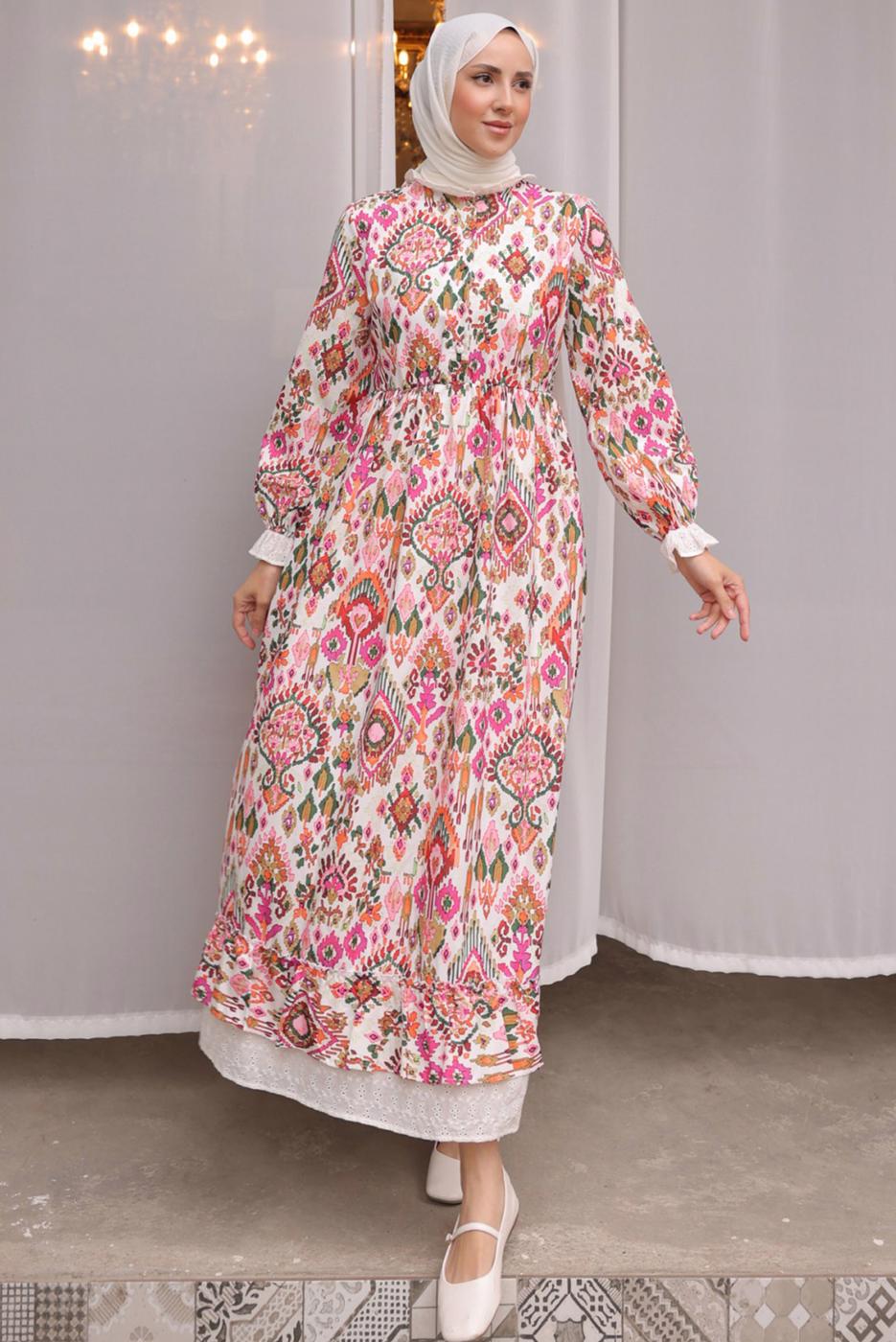 Tesettür giyim FUŞYA DESENLİ PAMUKLU ELBİSE T 10031