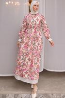 Tesettür giyim FUŞYA DESENLİ PAMUKLU ELBİSE T 10031