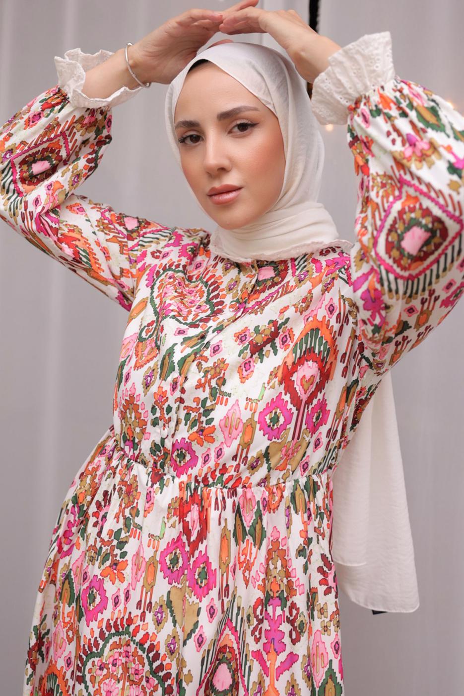 Tesettür giyim FUŞYA DESENLİ PAMUKLU ELBİSE T 10031