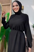 Tesettür giyim SİYAH KUŞAKLI DANTEL DETAYLI ELBİSE T 1021