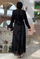 Tesettür giyim SİYAH KUŞAKLI DANTEL DETAYLI ELBİSE T 1021