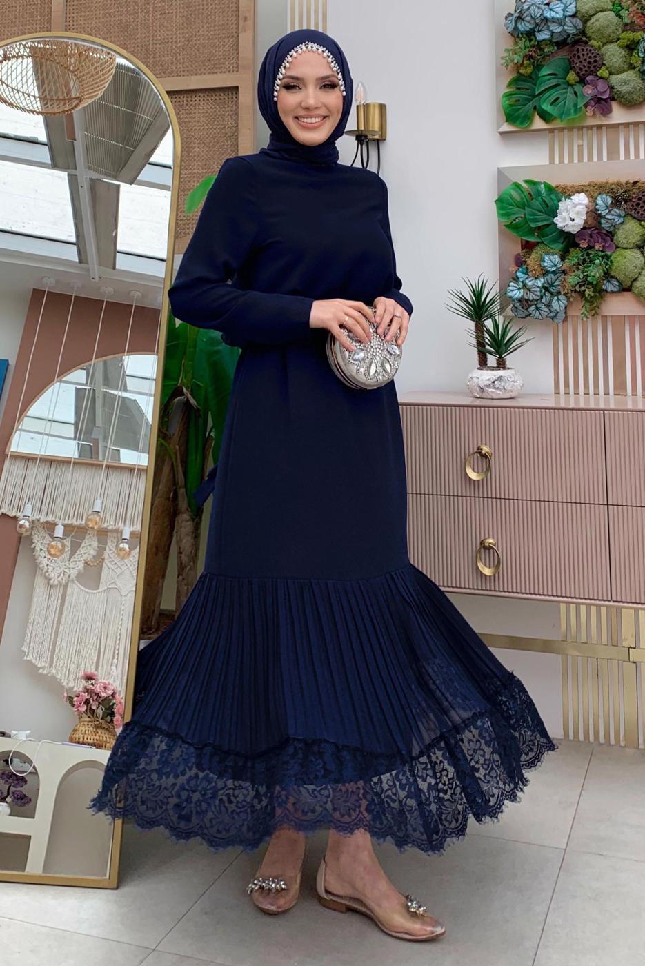 Tesettür giyim LACİVERT KUŞAKLI DANTEL DETAYLI ELBİSE T 1021