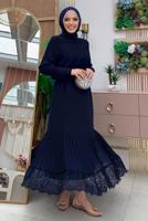 Tesettür giyim LACİVERT KUŞAKLI DANTEL DETAYLI ELBİSE T 1021