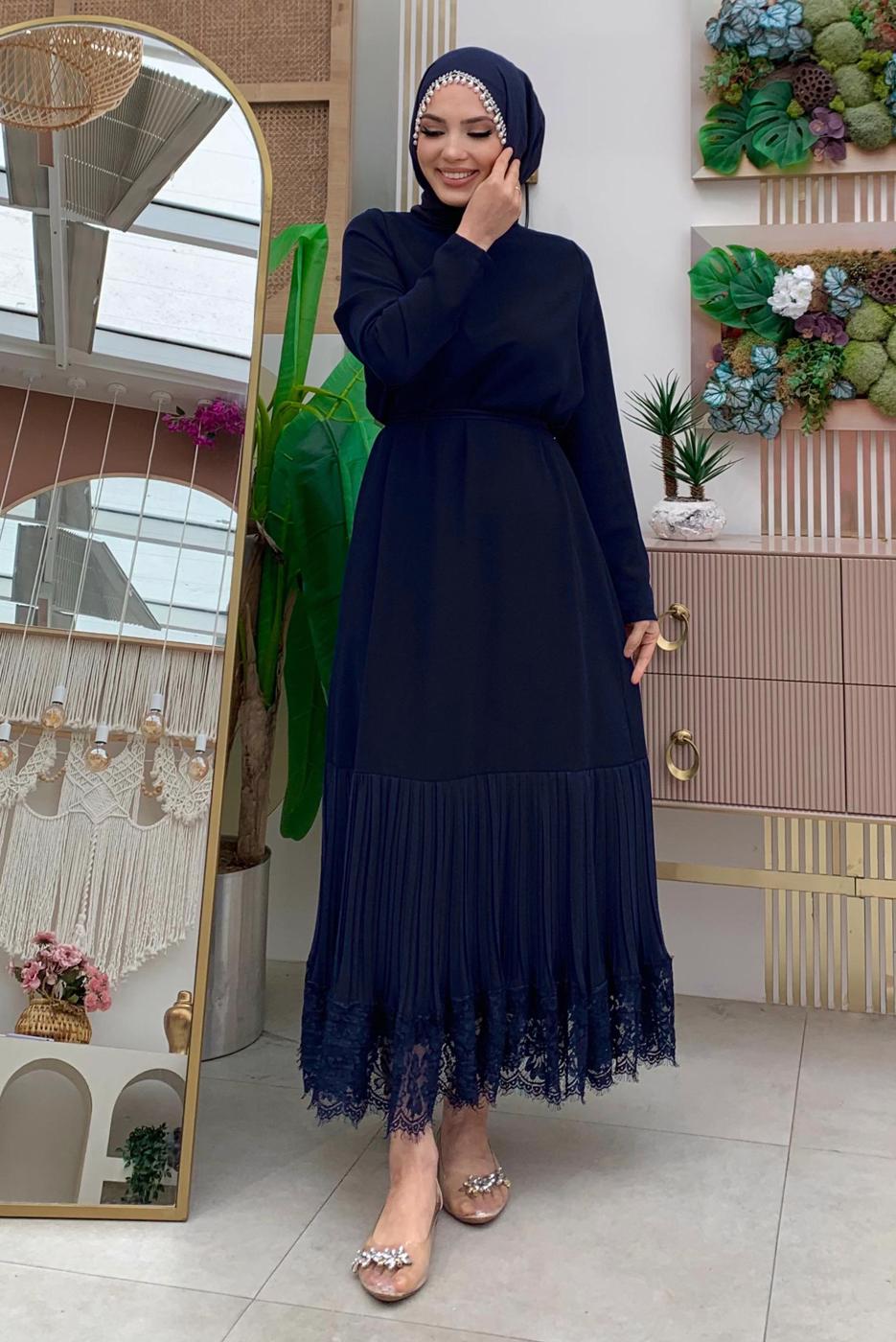 Tesettür giyim LACİVERT KUŞAKLI DANTEL DETAYLI ELBİSE T 1021