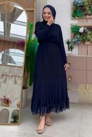 Tesettür giyim LACİVERT KUŞAKLI DANTEL DETAYLI ELBİSE T 1021
