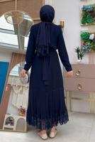 Tesettür giyim LACİVERT KUŞAKLI DANTEL DETAYLI ELBİSE T 1021
