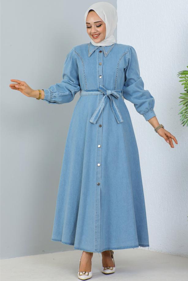 Tesettür giyim MAVİ KUŞAKLI KOT ELBİSE T 1086 - TRENDTESETTÜR