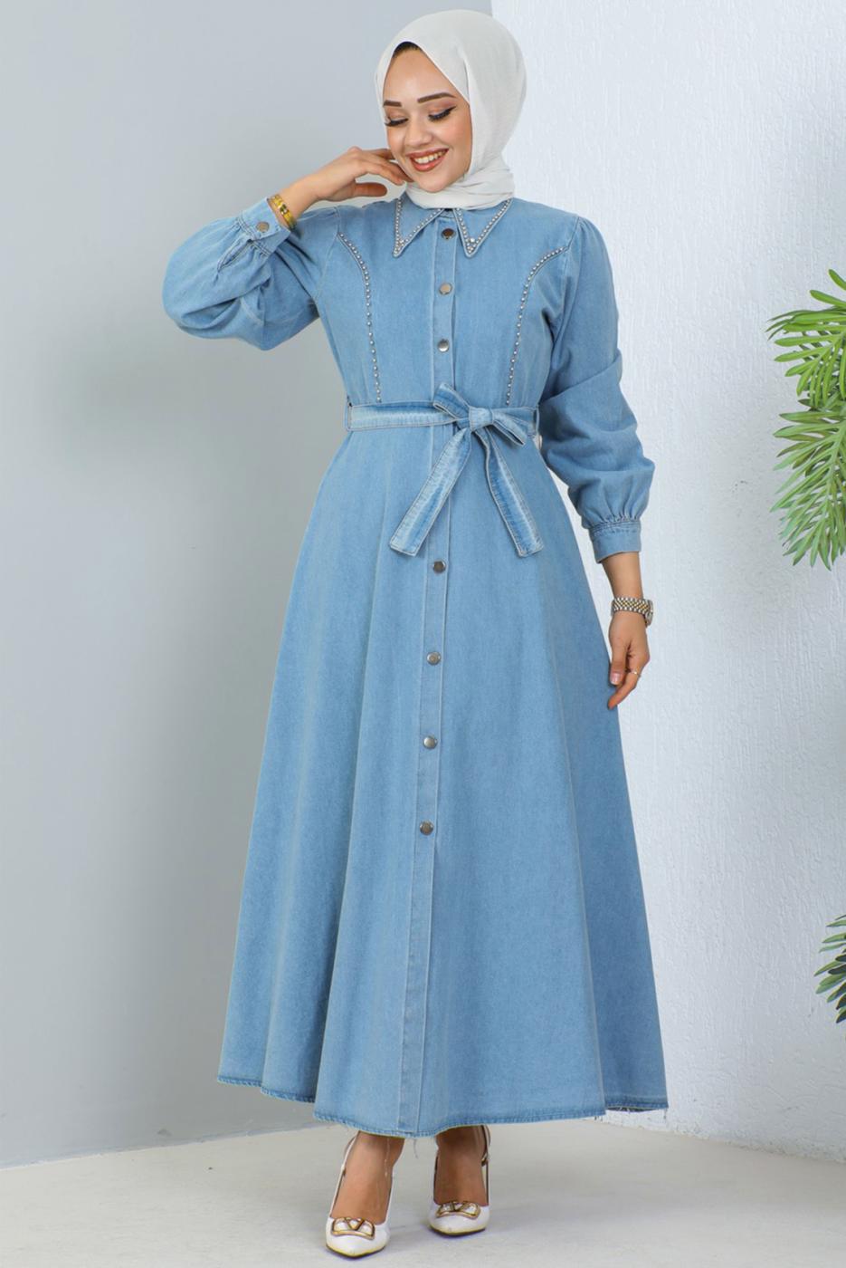 Tesettür giyim MAVİ KUŞAKLI KOT ELBİSE T 1086