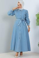 Tesettür giyim MAVİ KUŞAKLI KOT ELBİSE T 1086