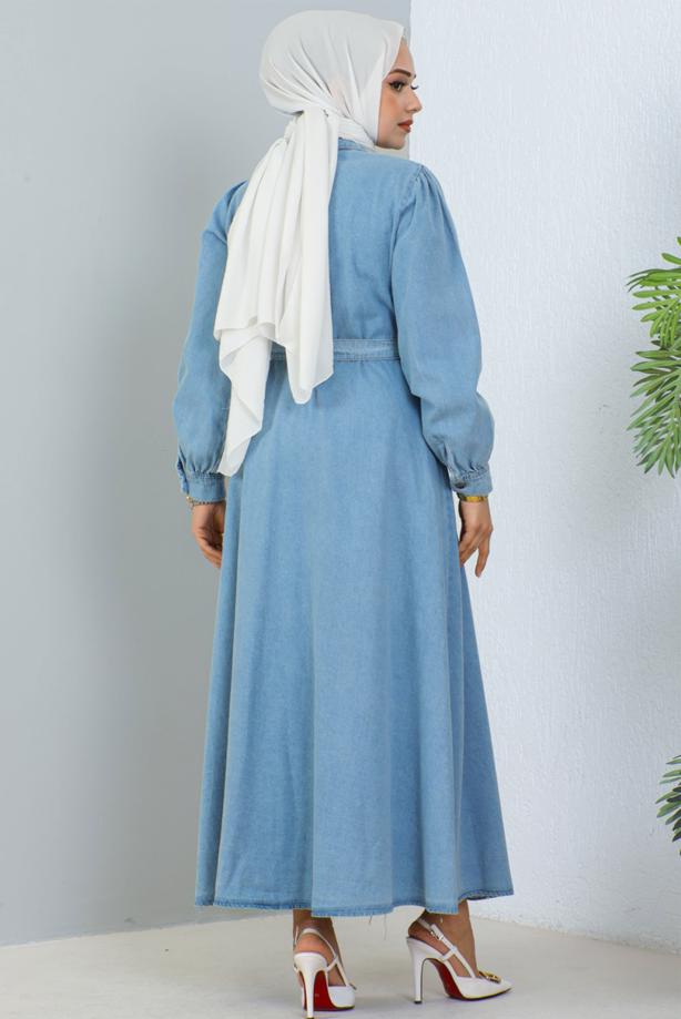 Tesettür giyim MAVİ KUŞAKLI KOT ELBİSE T 1086 - TRENDTESETTÜR