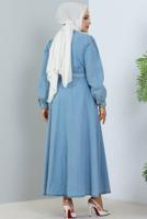 Tesettür giyim MAVİ KUŞAKLI KOT ELBİSE T 1086