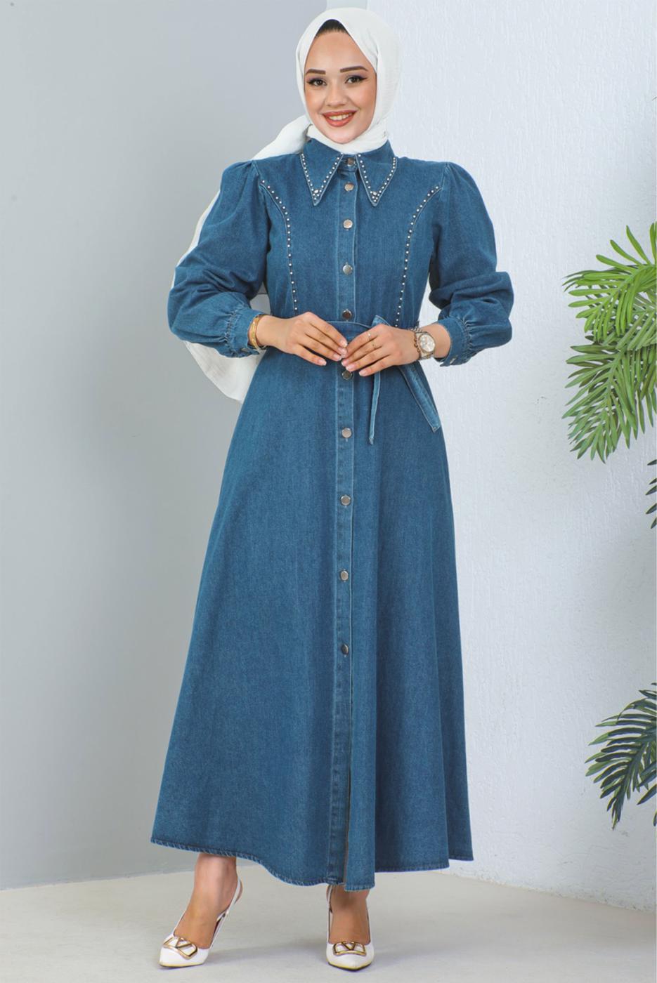 Tesettür giyim LACİVERT KUŞAKLI KOT ELBİSE T 1086