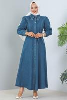 Tesettür giyim LACİVERT KUŞAKLI KOT ELBİSE T 1086