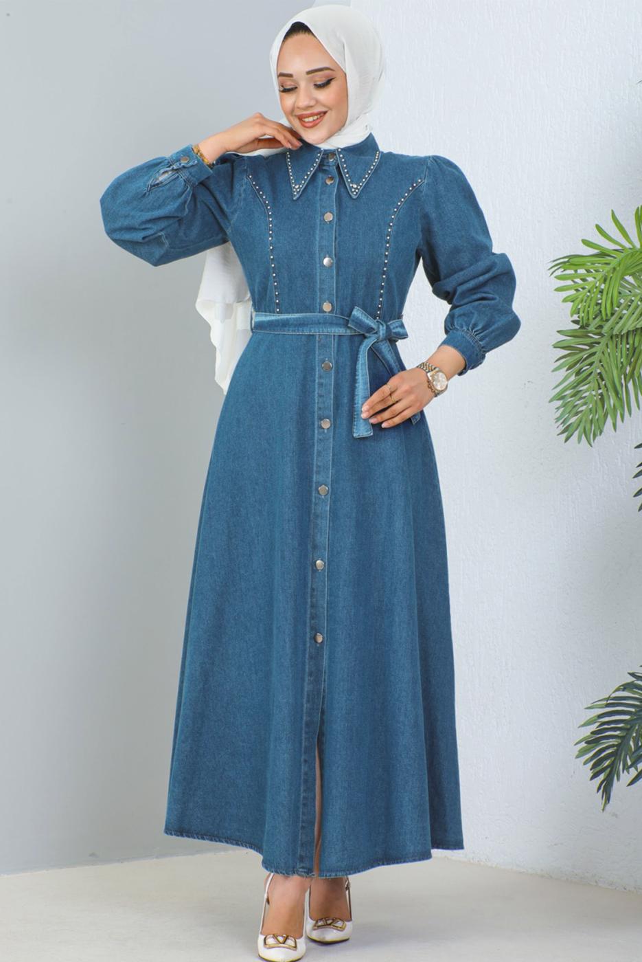 Tesettür giyim LACİVERT KUŞAKLI KOT ELBİSE T 1086